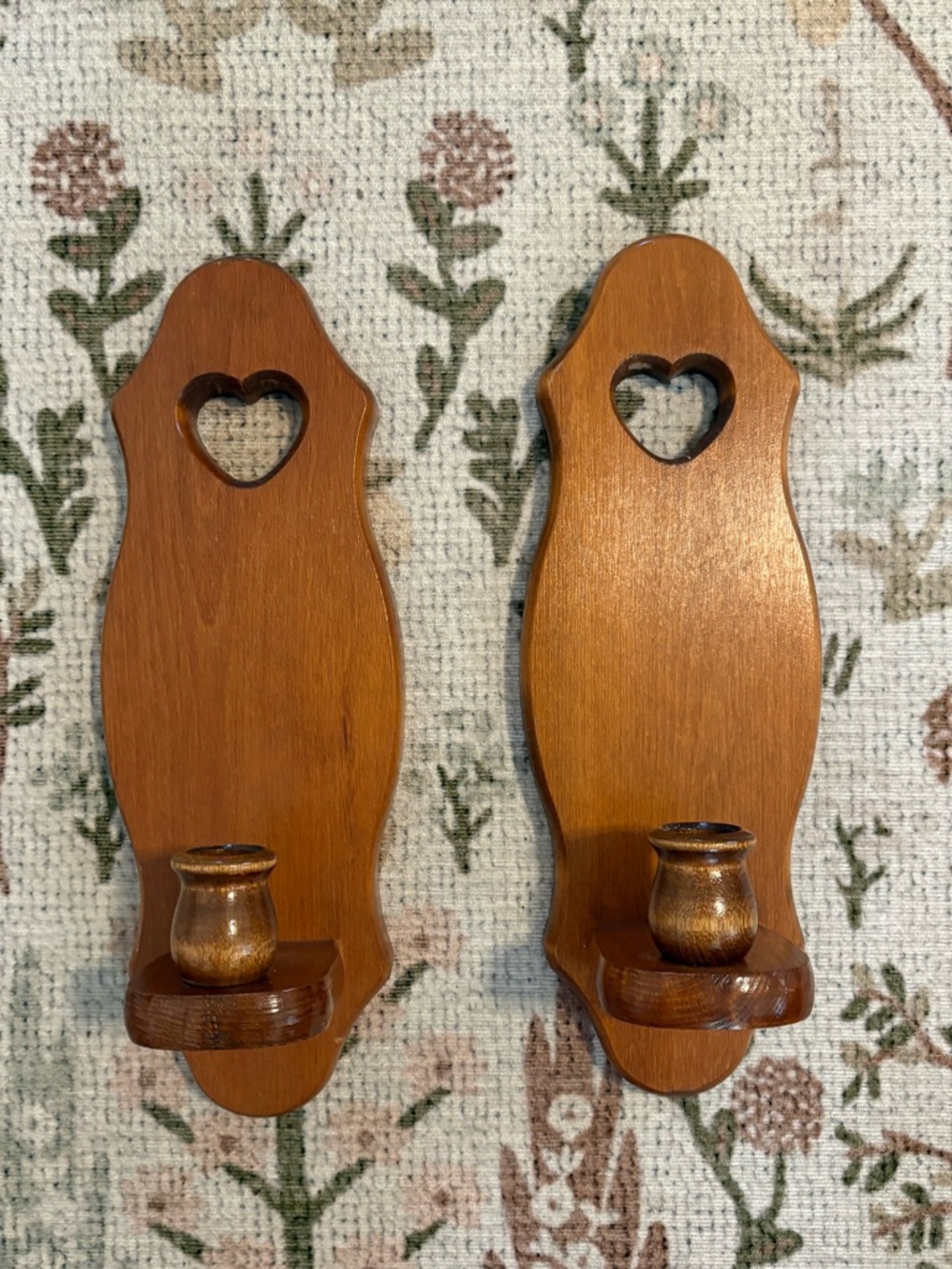 Pair of Vintage Wooden Wall Sconces for Candlesticks with Heart